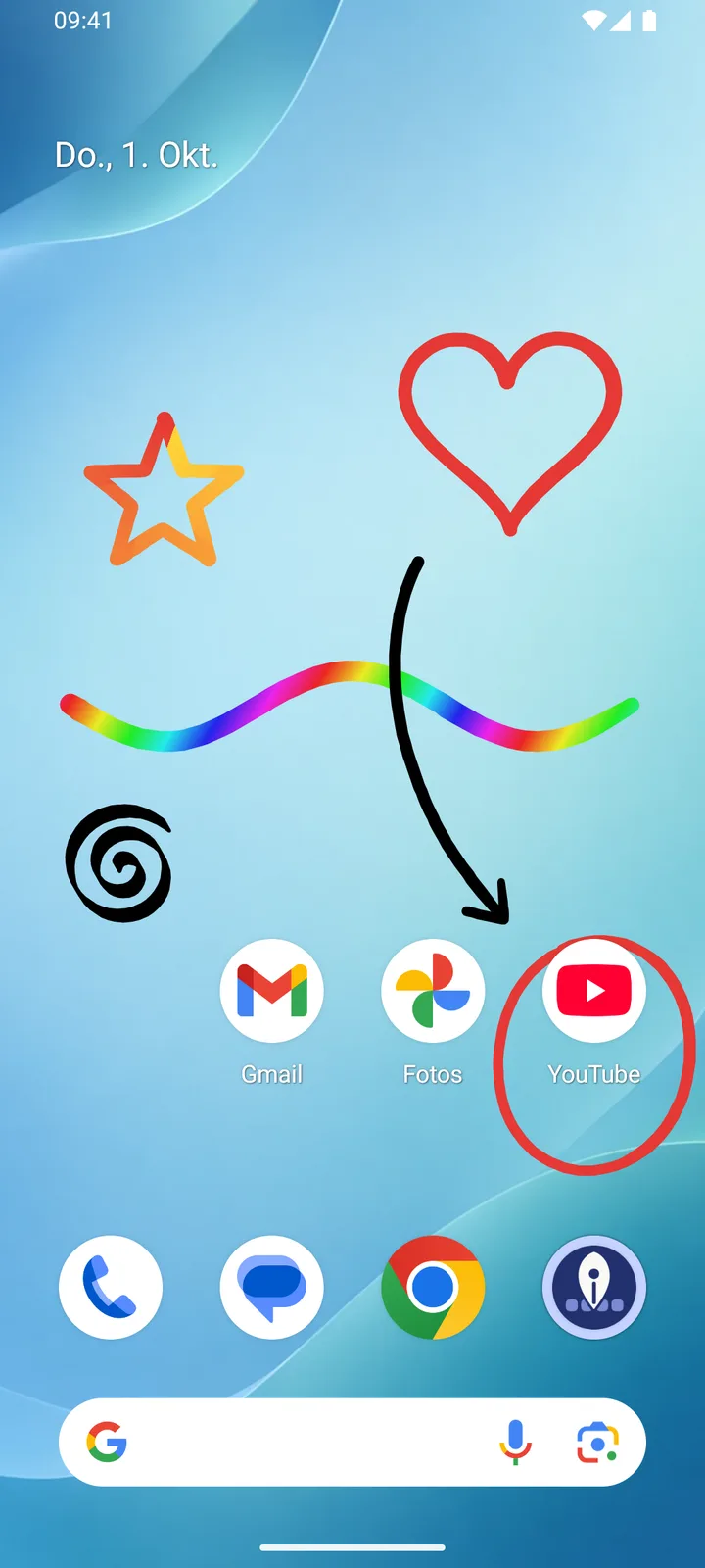 Ein Startbildschirm mit einem gezeichneten Herz, einem Stern, einem Regenbogenstrich und einem Kreis um das YouTube-Symbol.