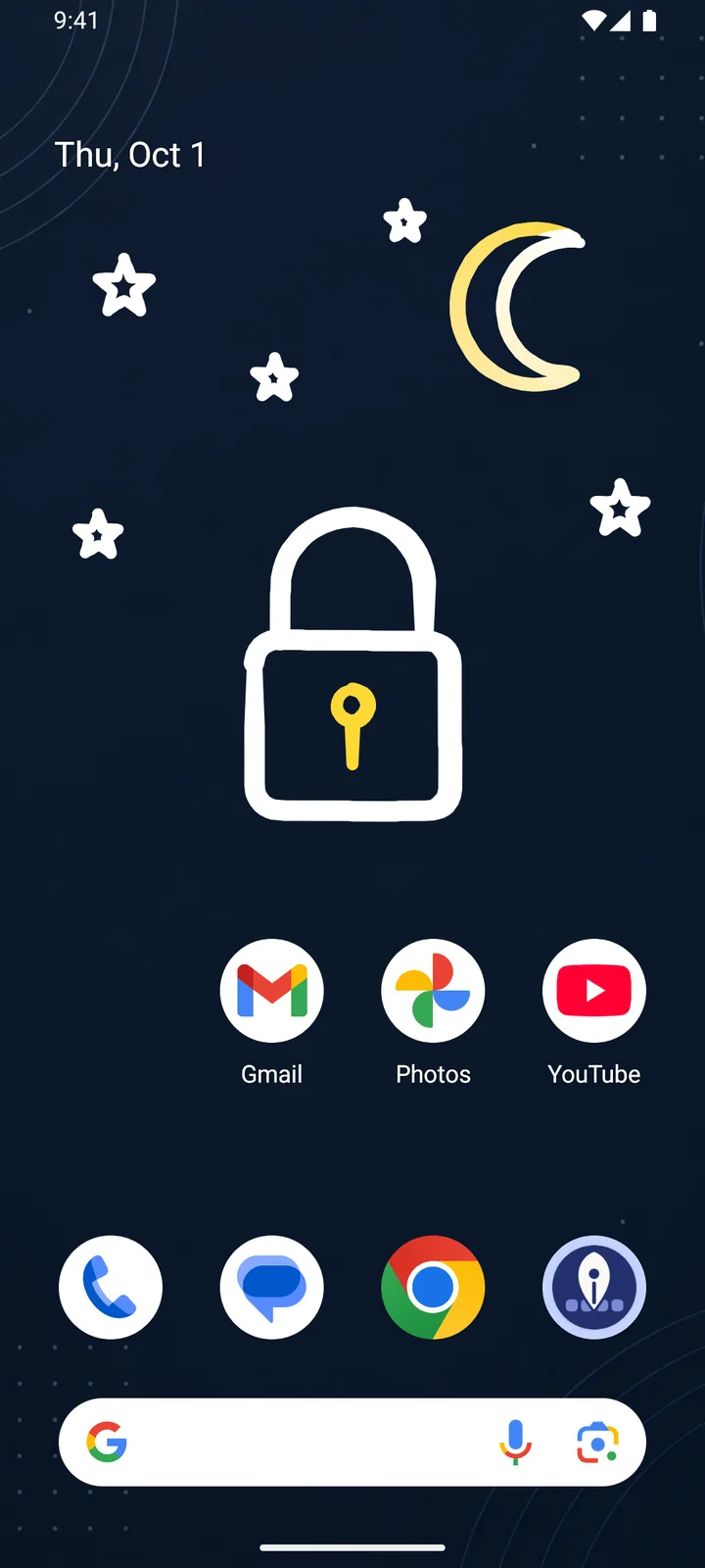 A home screen with a drawn padlock, moon and stars on a dark background.